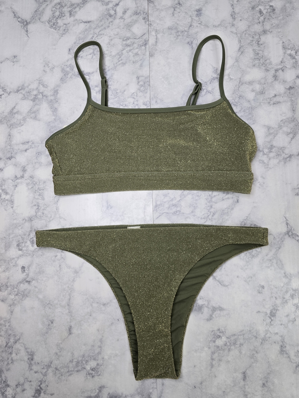Aerie Olive Sparkle Two-Piece Bikini Straight Scoop Top Cheeky Bottoms Medium